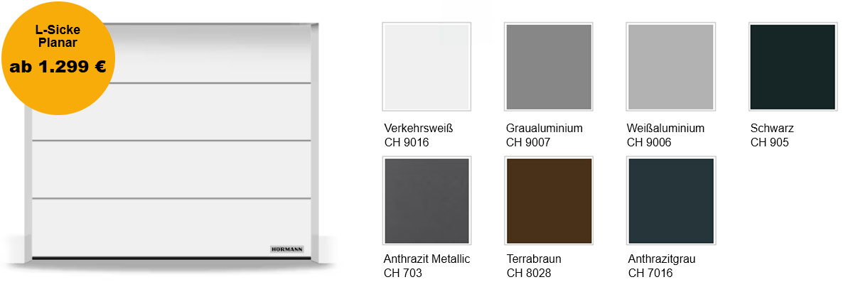Farbtabelle Garagentor Hörmann Renomatic L-Sicke Planar mit den Farben Verkehrsweiß, Graualuminium, Weißaluminium, Schwarz, Anthrazit Metallic, Terrabraun, Anthrazitgrau