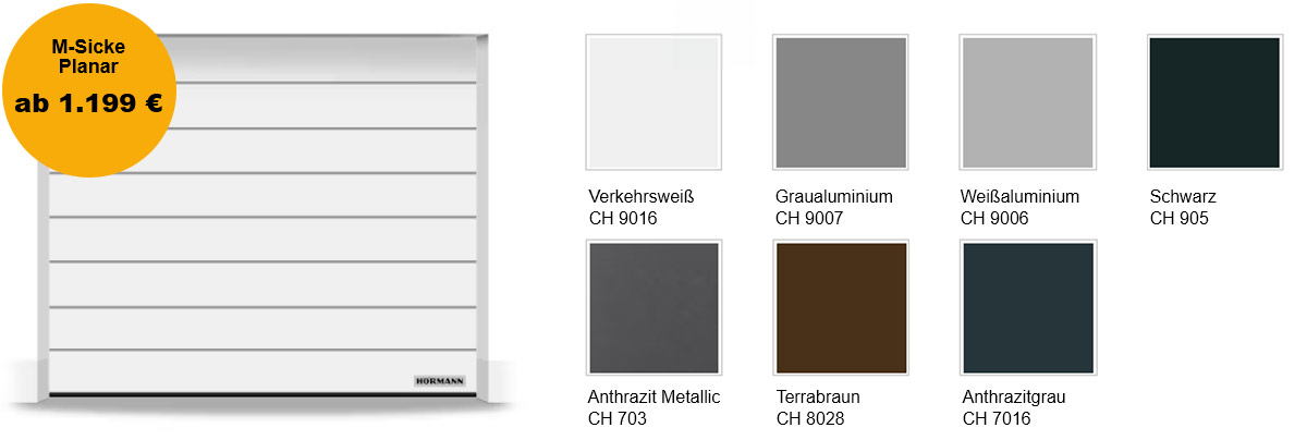 Farbtabelle Garagentor Hörmann Renomatic M-Sicke Planar mit den Farben Verkehrsweiß, Graualuminium, Weißaluminium, Schwarz, Anthrazit Metallic, Terrabraun, Anthrazitgrau
