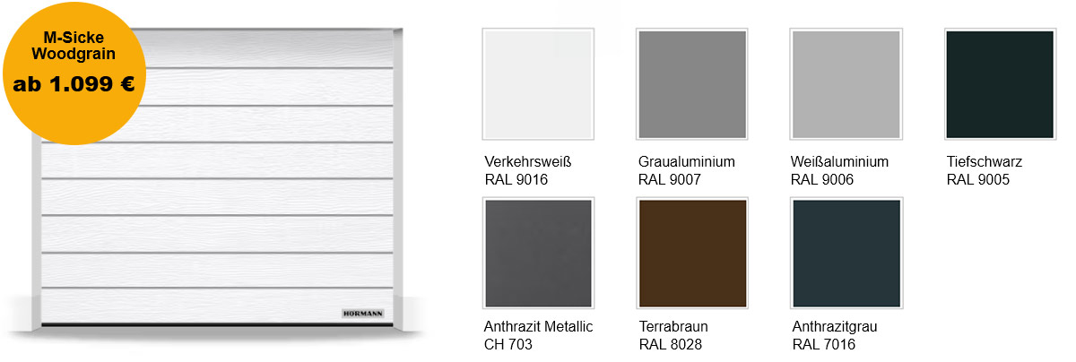Farbtabelle Garagentor Hörmann Renomatic M-Sicke Woodgrain mit den Farben Verkehrsweiß, Graualuminium, Weißaluminium, Schwarz, Anthrazit Metallic, Terrabraun, Anthrazitgrau